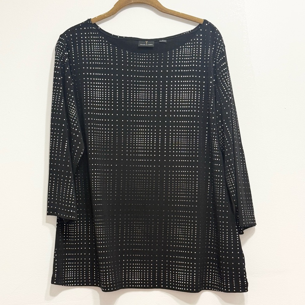 Travel By Tribal Black Rhinestone Geometric 3/4 Sleeve Top XL - Picture 2 of 7